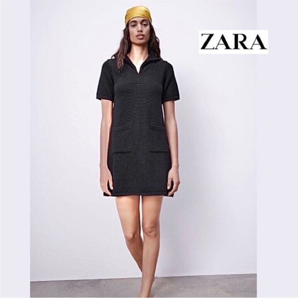 GUC ZARA Black Collared Knit Pullover Sweater Dress SZ M
